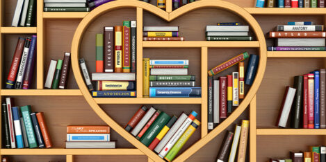 Favorite book covers, a heart shaped bookshelf with lots of books.